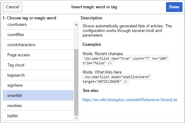 Available tags in "Insert magic" dialog
