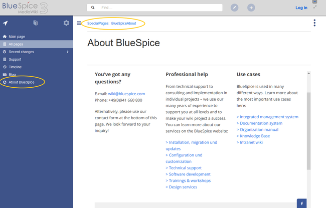 Navigation link and external "About BlueSpice" page loaded in an iframe