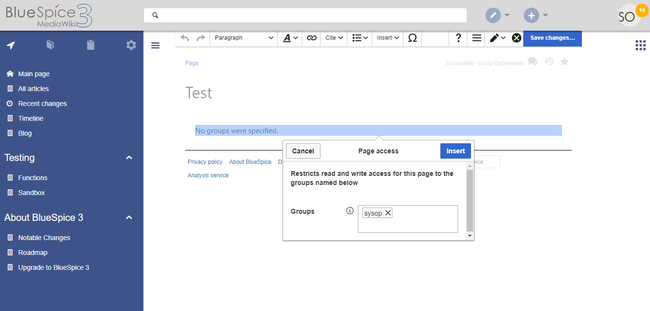 Screenshot: Page access dialog box