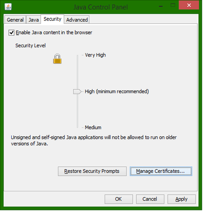 Screenshot: Java Control Panel - Security Tab