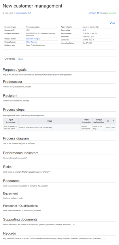 Screenshot of the IMS Process description template