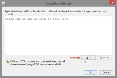 Screenshot: Exception Site List