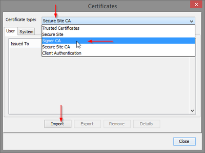 Screenshot: Import Certificate